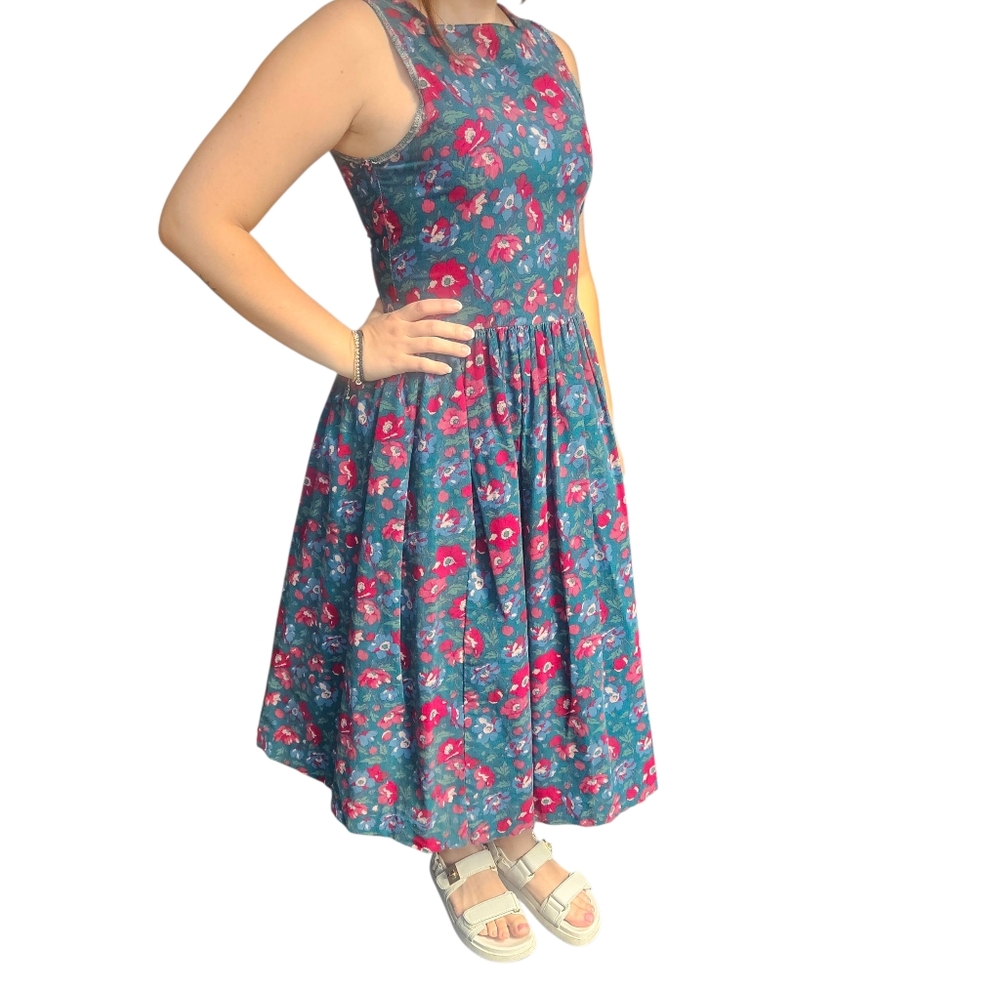 Vintage Laura Ashley Corduroy Cotton Floral Cottagecore Full Midi Dress Size 6